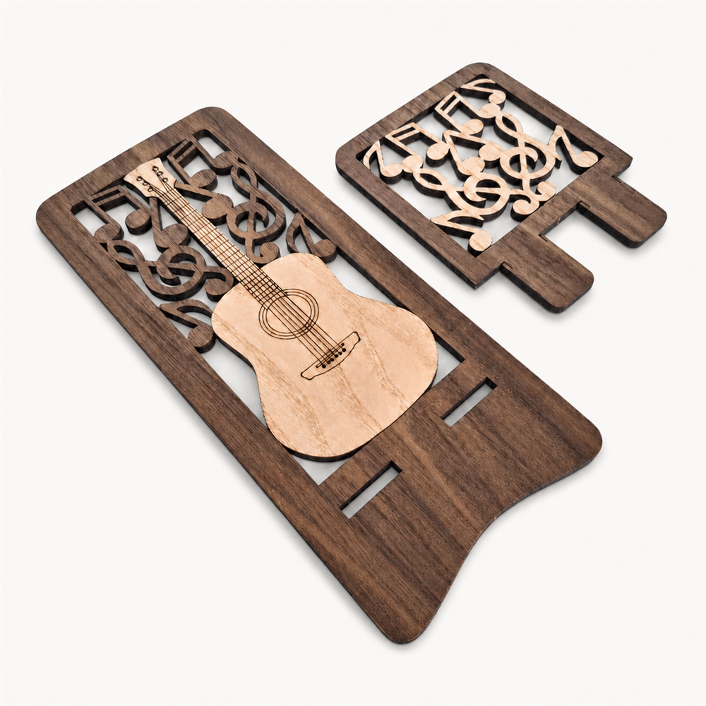 Acoustic Guitar & Musical Notes Phone Stand — Two-Tone Wooden Gift for Guitar Players