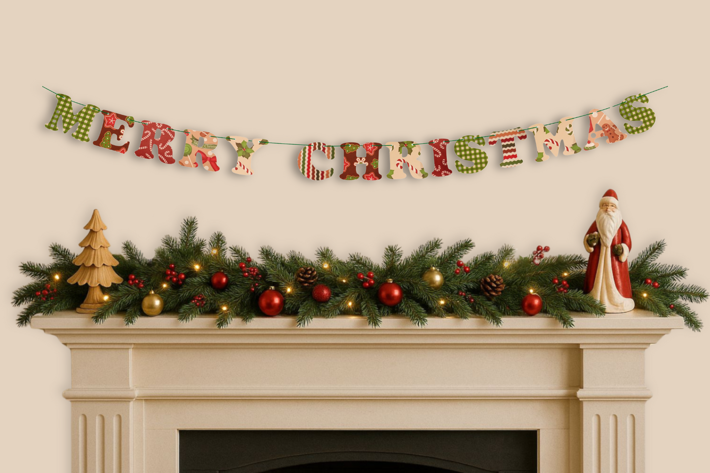 Decorated Christmas mantel with garland, ornaments, and decorated 'Merry Christmas' bunting letters.