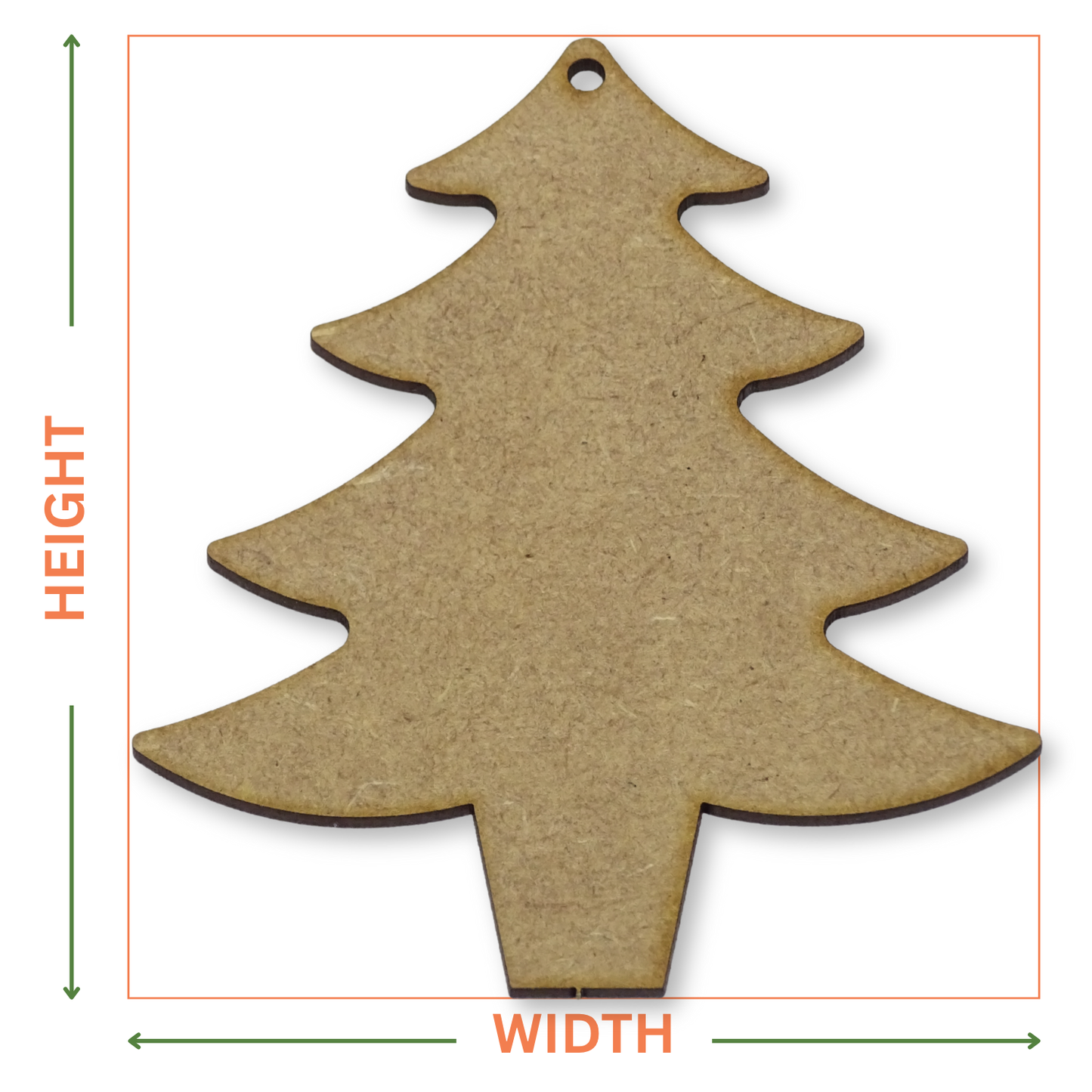 2mmMDF Christmas tree shape on a white background with arrows showing where the height and width measurements are taken from