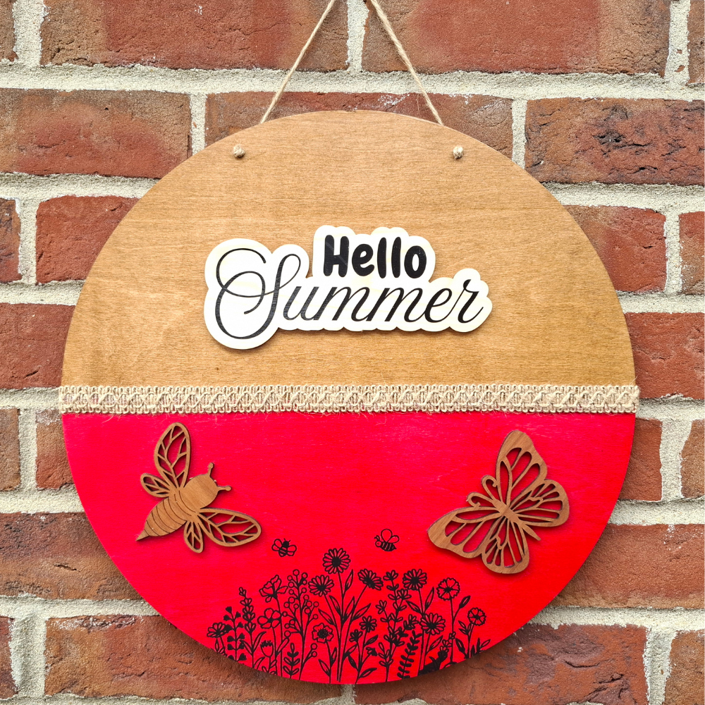 Hello Summer Large Round Wooden Sign — Outdoor Hanging Plaque