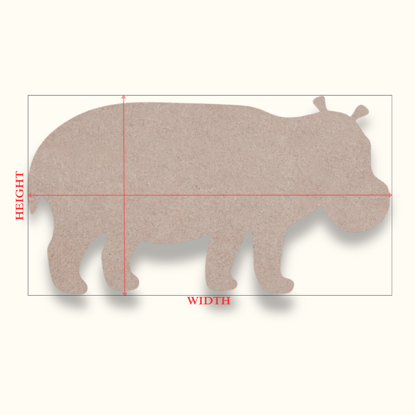 MDF Hippo shape on a light background with arrows showing where the height and width measurements are taken from