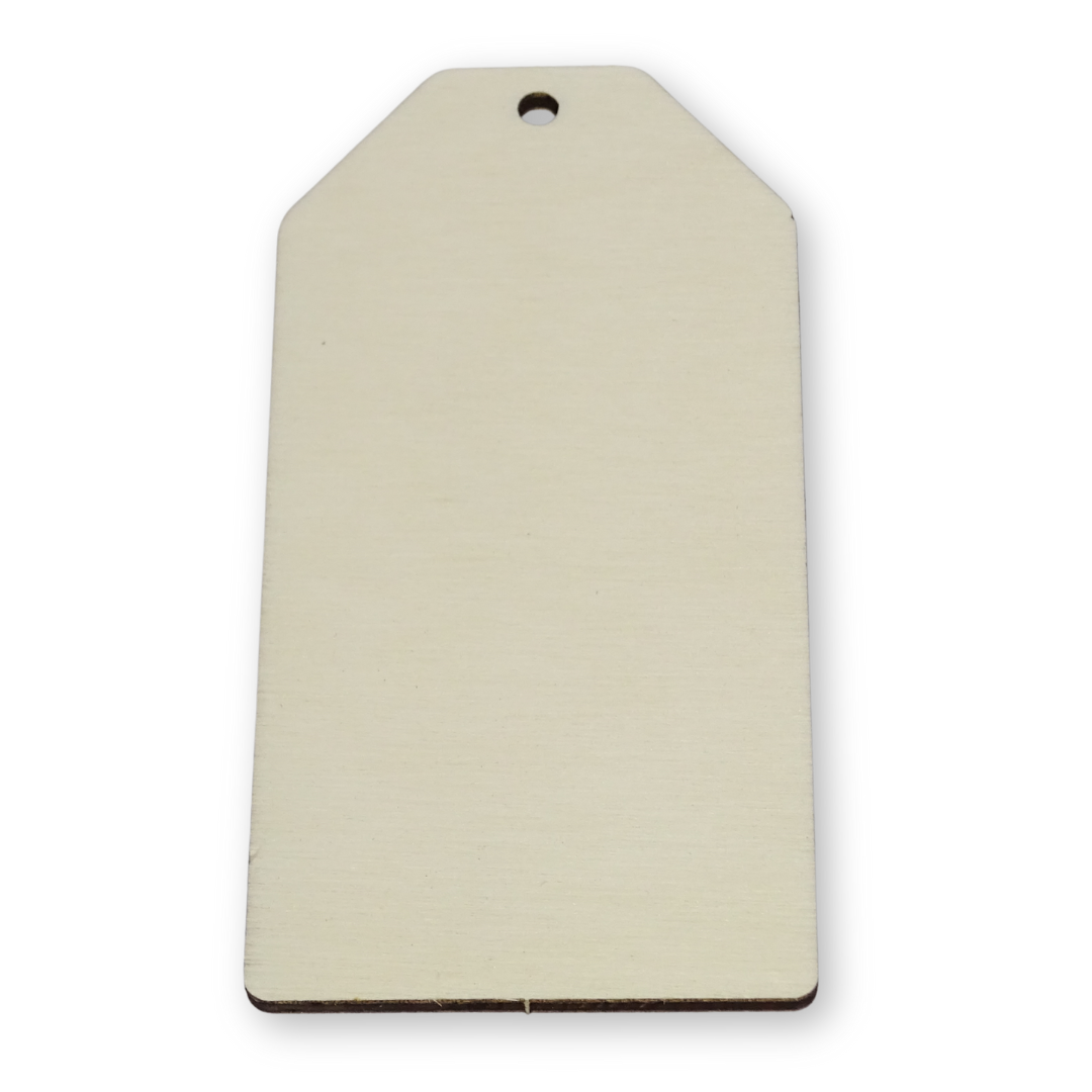 Luggage tag shape cut from 4mm plywood on a white background