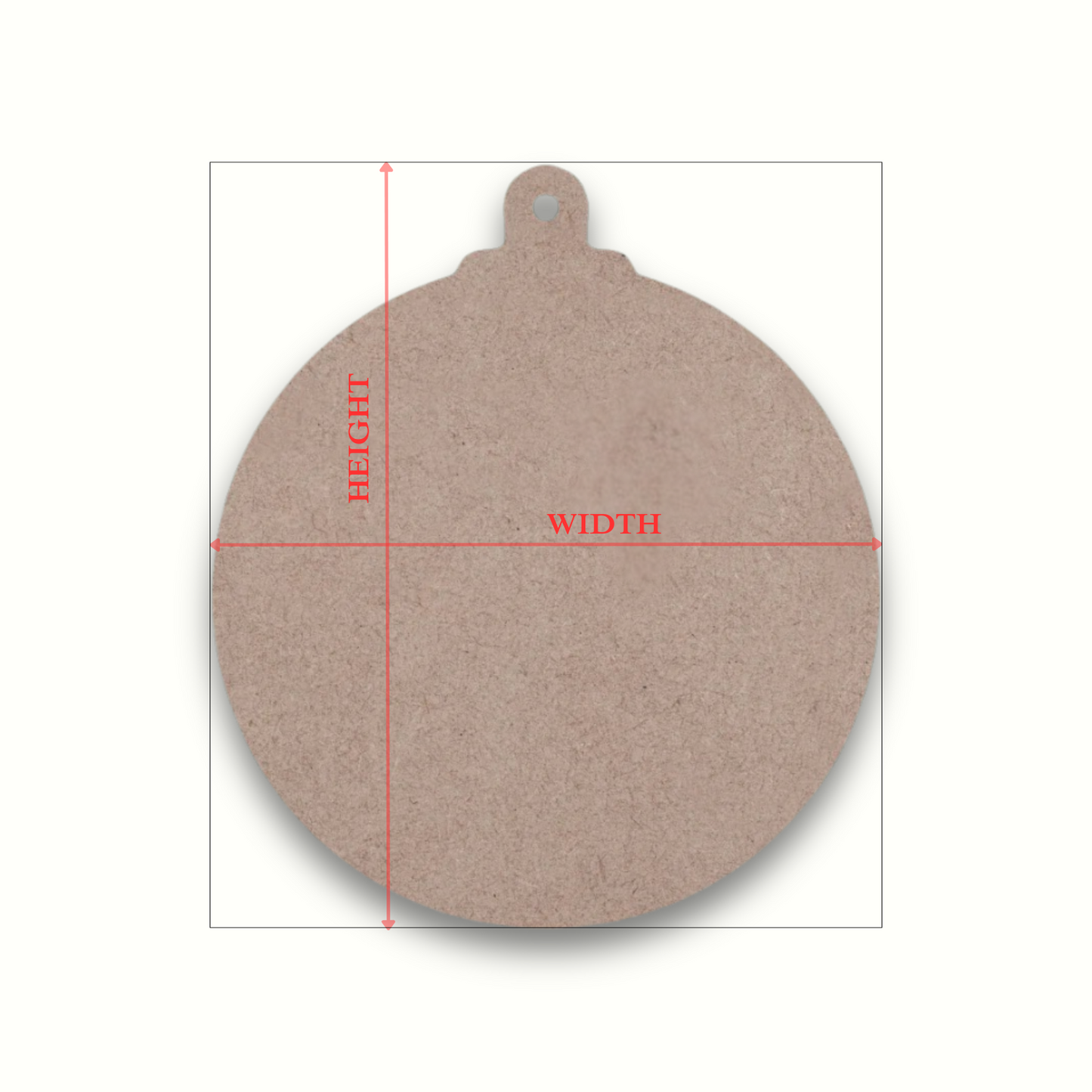 MDF bauble shape on a light background with arrows showing where the dimensions are taken from