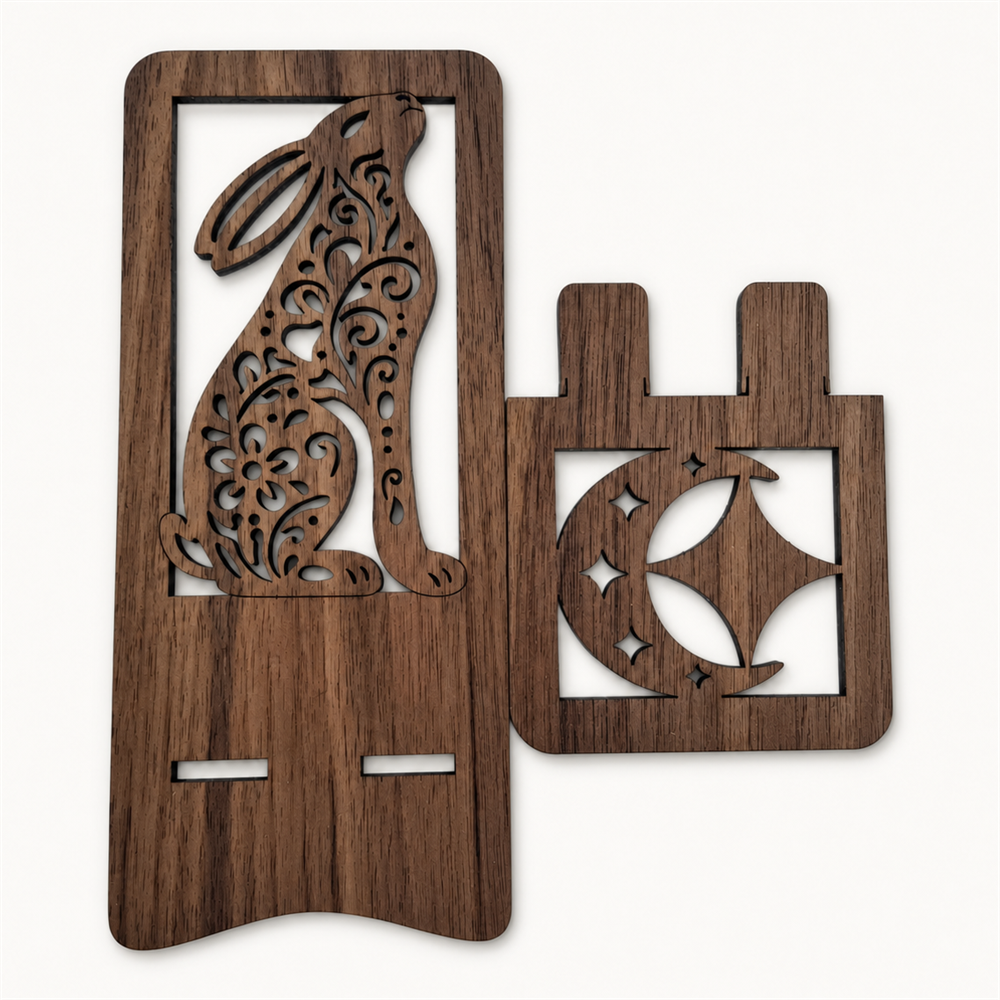 Moon Gazing Hare Phone Stand — Walnut Wooden Gift for Nature Lovers