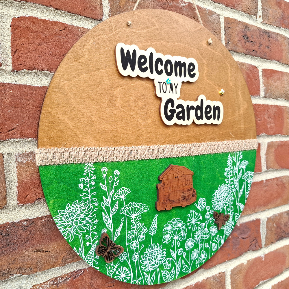 Welcome to My Garden Large Round Wooden Sign — Outdoor Hanging Plaque