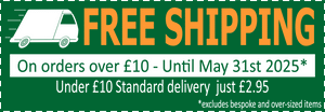 Delivery truck and text showing free shipping on all orders over £10 until 31st May 2025