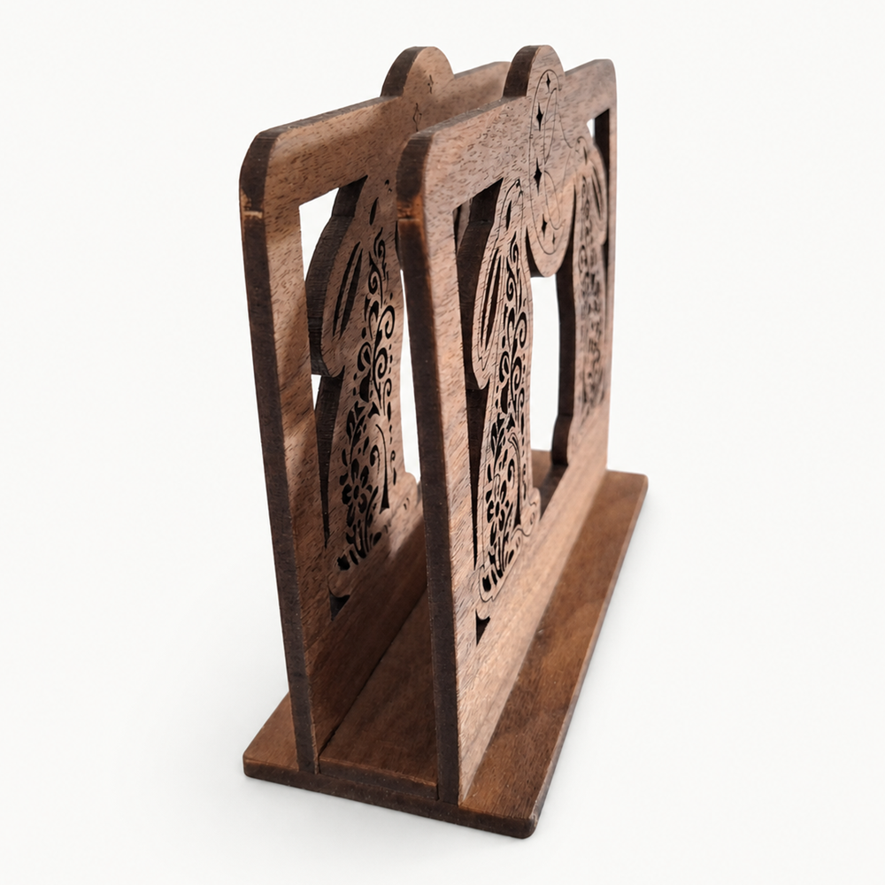 Moon Gazing Hares Napkin Holder — Laser Cut Walnut Wood Table Accessory