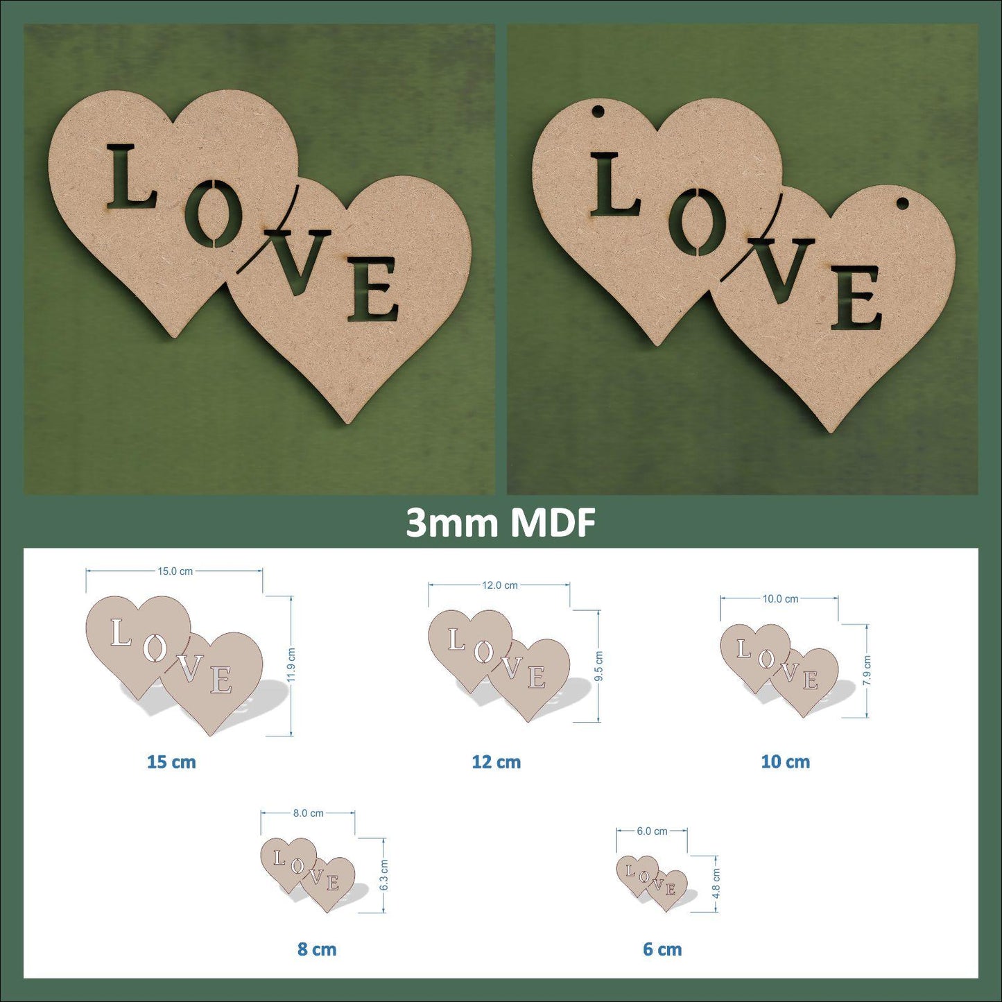 Double heart with "love" cutout - 3mm MDF