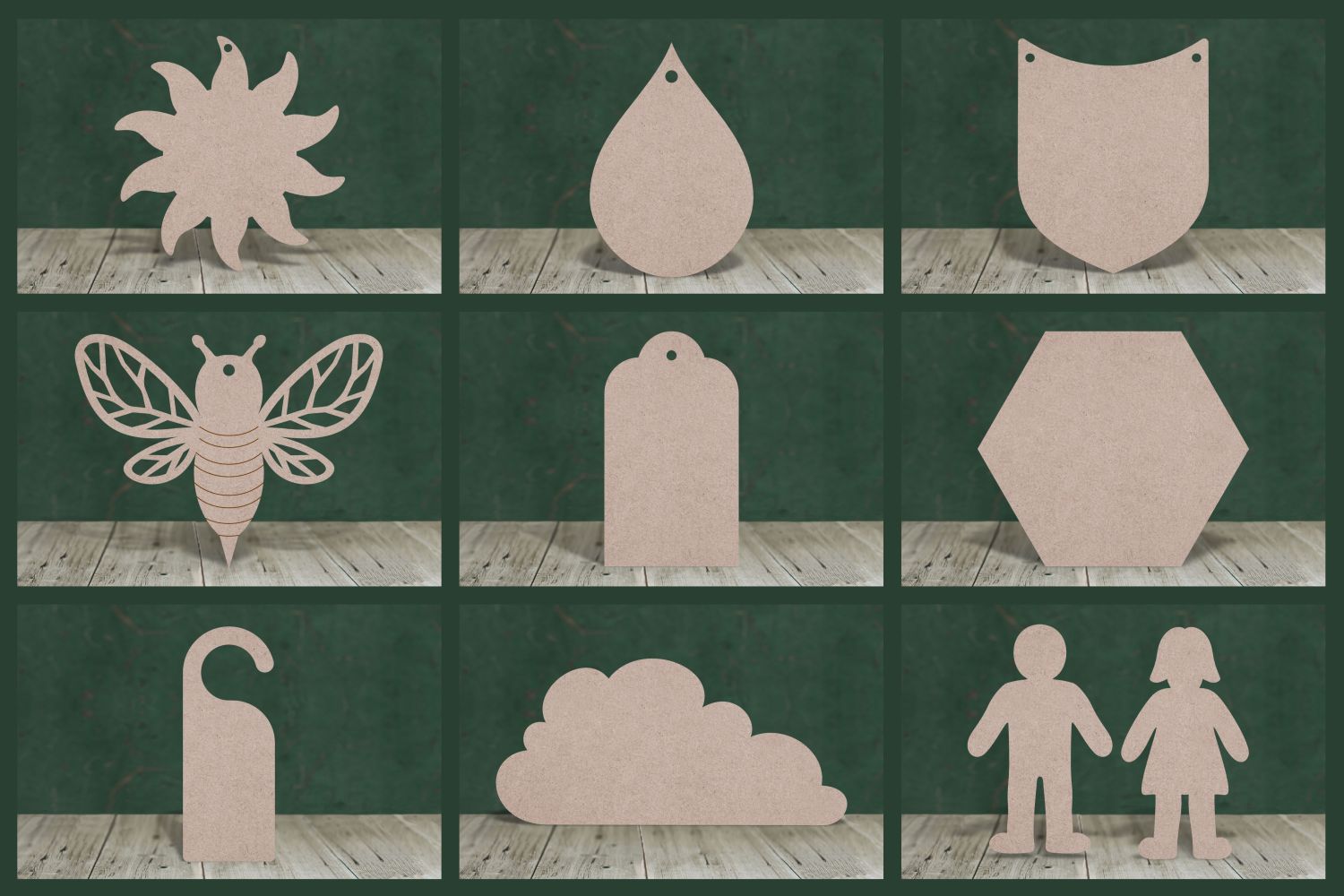 Selection of mdf craft blanks on a green background