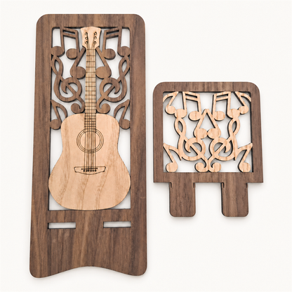 Acoustic Guitar & Musical Notes Phone Stand — Two-Tone Wooden Gift for Guitar Players