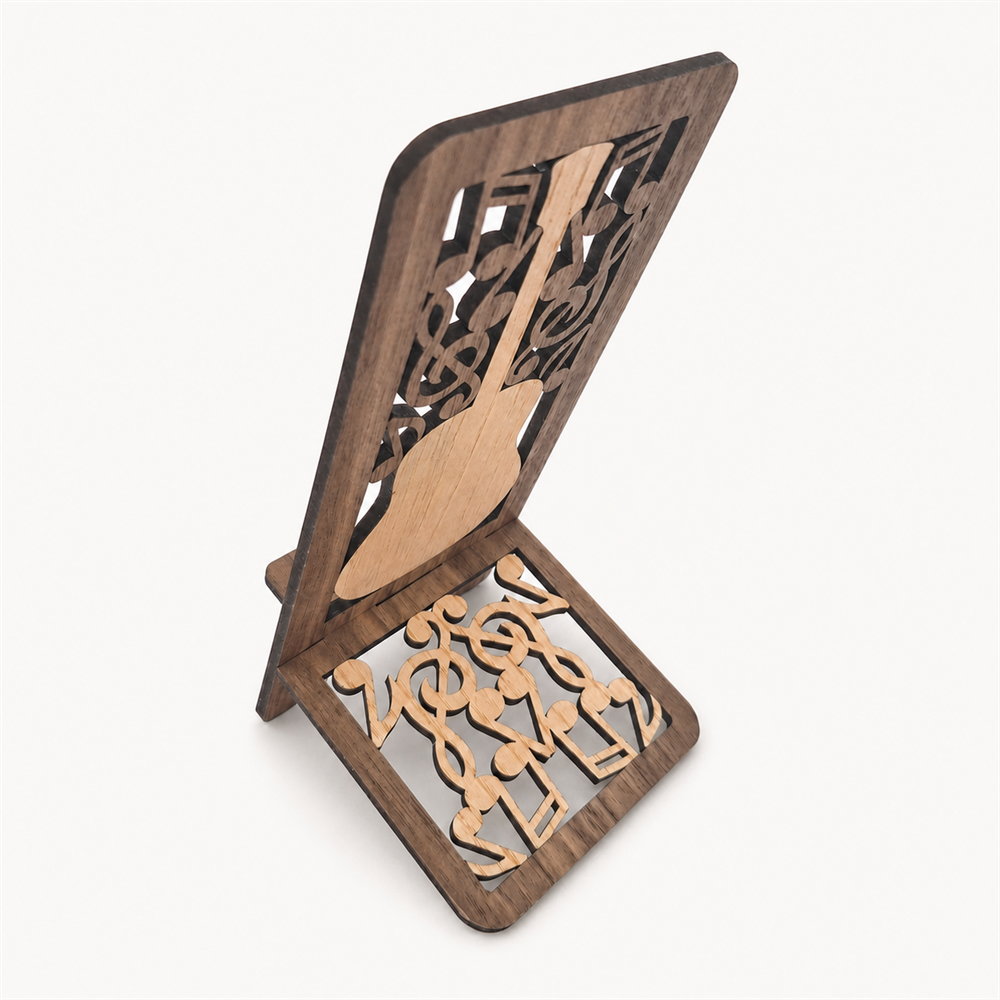 A wooden stand with laser-cut music note pattern cut in the base, shown on a plain white background.