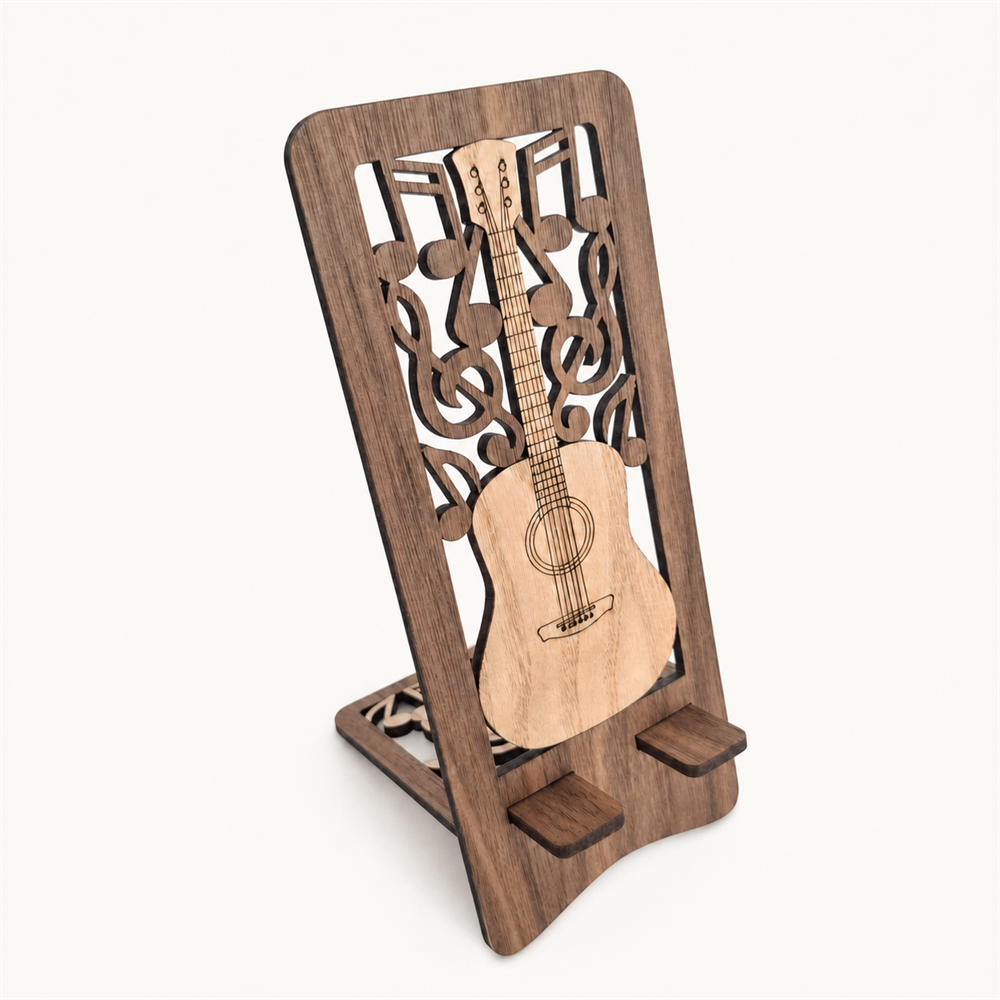 A wooden guitar-shaped stand made from two contrasting wood tones, featuring a dark brown frame with laser-cut musical notes and a lighter natural wood guitar body in the center, shown on a plain off-white background.