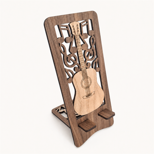 A wooden guitar-shaped stand made from two contrasting wood tones, featuring a dark brown frame with laser-cut musical notes and a lighter natural wood guitar body in the center, shown on a plain off-white background.