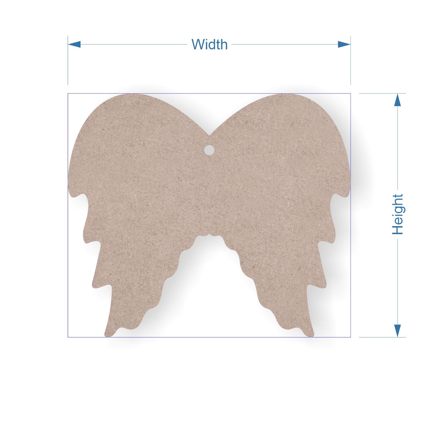 MDF angel wings-shaped cutout with measurement labels on a white background