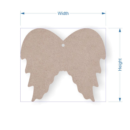 MDF angel wings-shaped cutout with measurement labels on a white background