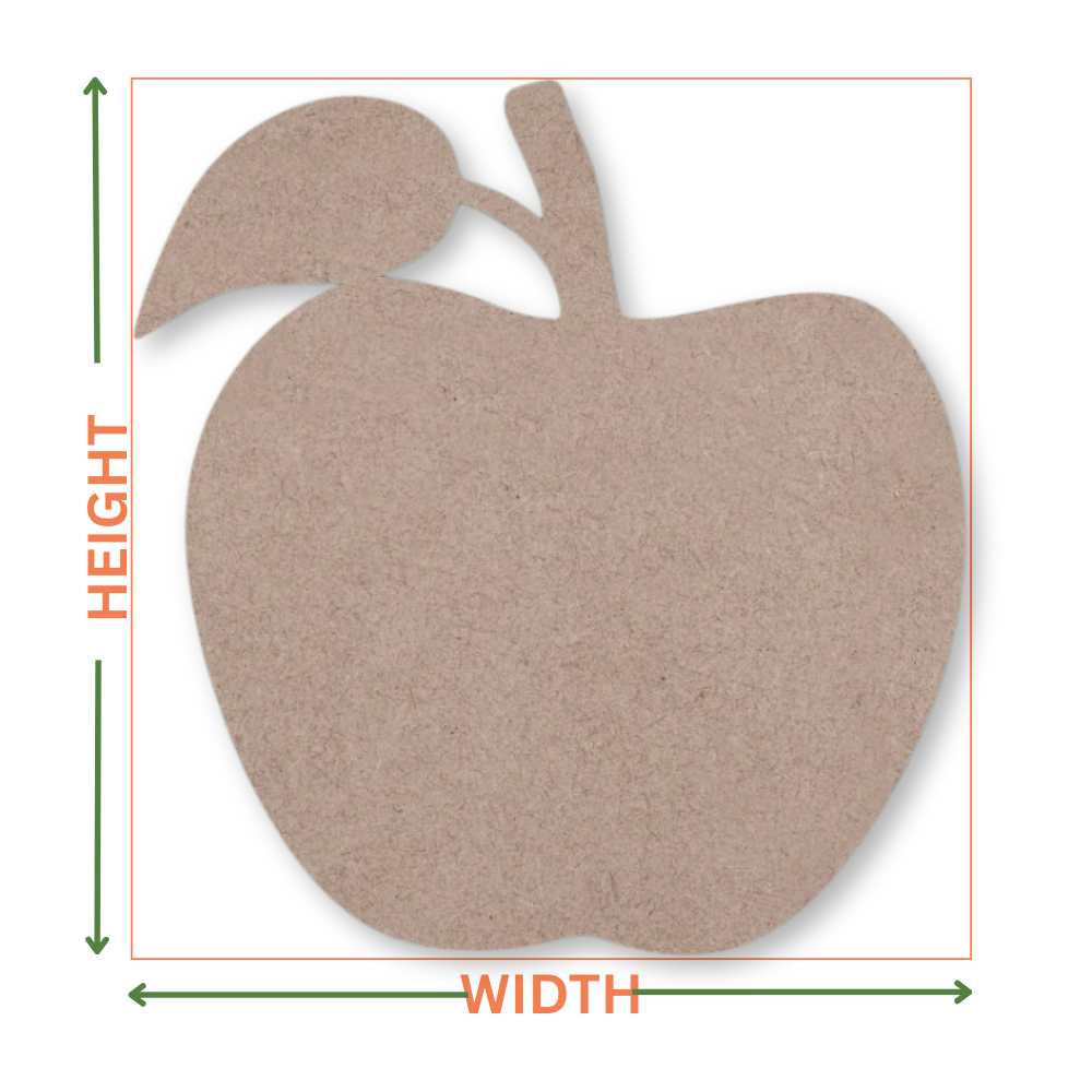 MDF apple shape on a white background with arrows showing where the height and width measurements are taken from