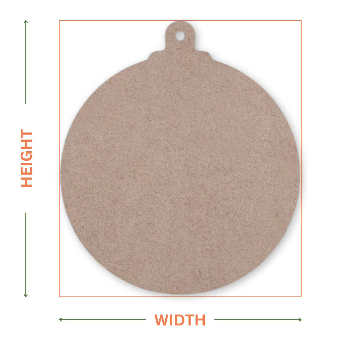 MDF bauble shape on a white background showing where the measurement are taken from and showing the hole location.