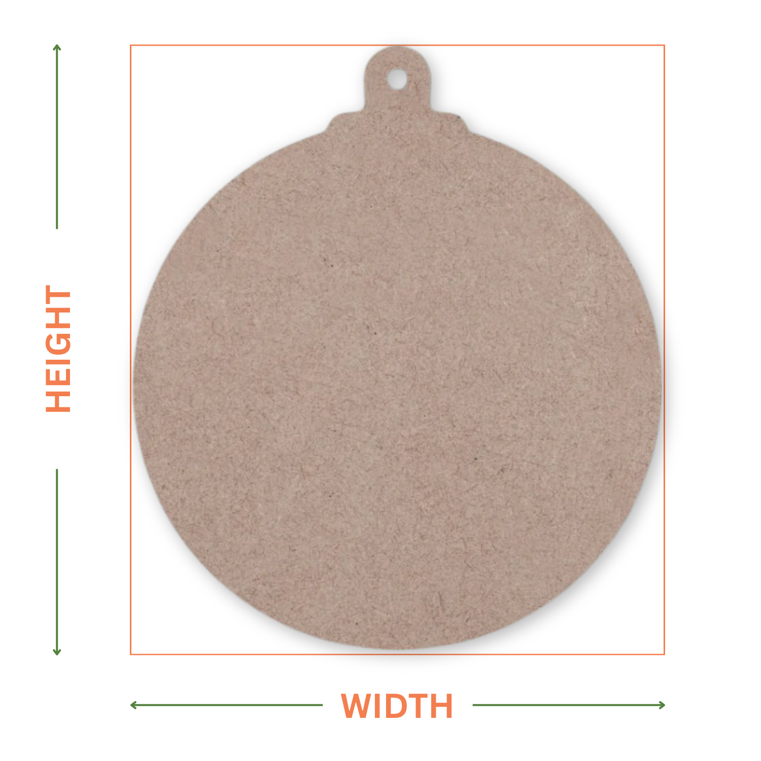 MDF bauble shape on a white background showing where the measurement are taken from and showing the hole location.
