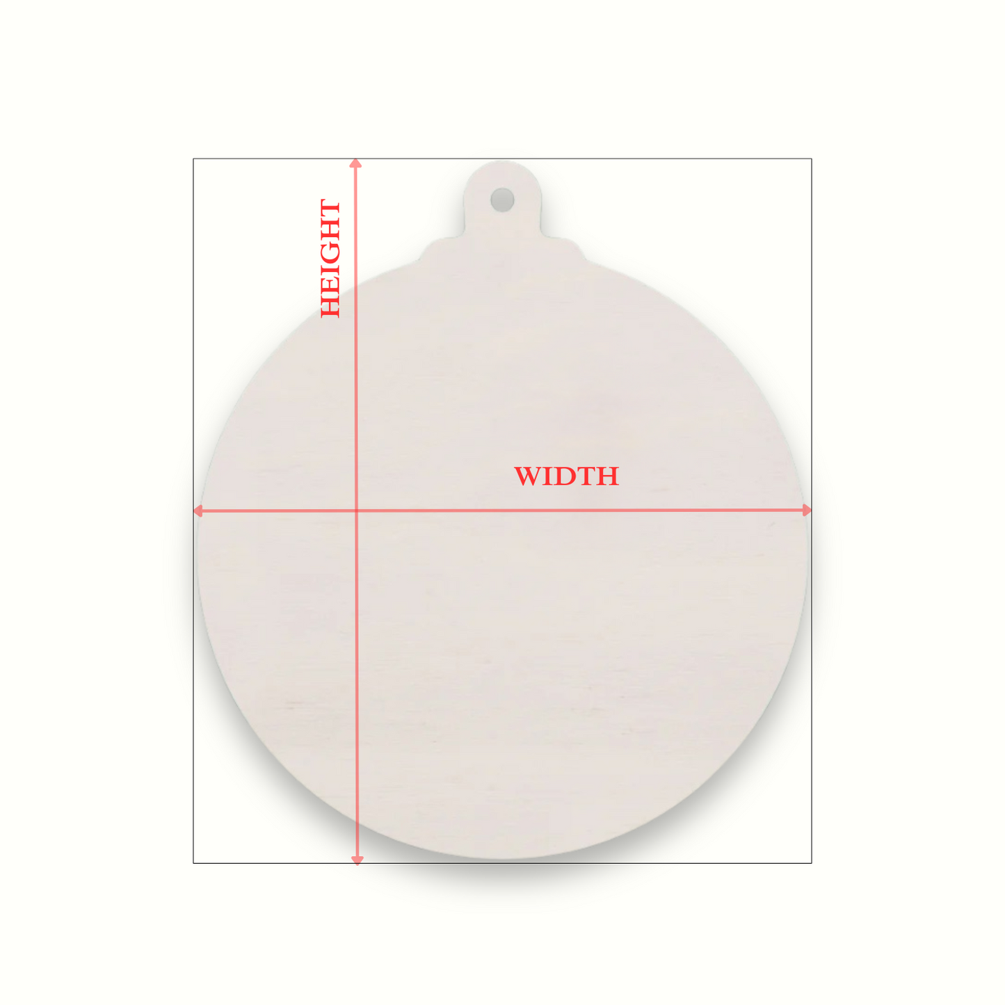 plywood bauble shape on a light background with arrows showing where the height and width measurements are taken from