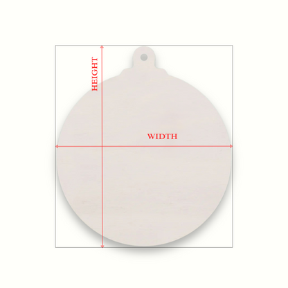plywood bauble shape on a light background with arrows showing where the height and width measurements are taken from