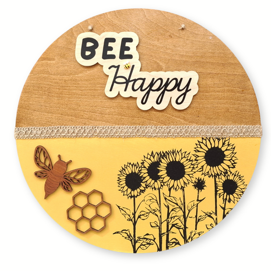 Bee Happy Large Round Wooden Sign — Outdoor Hanging Plaque