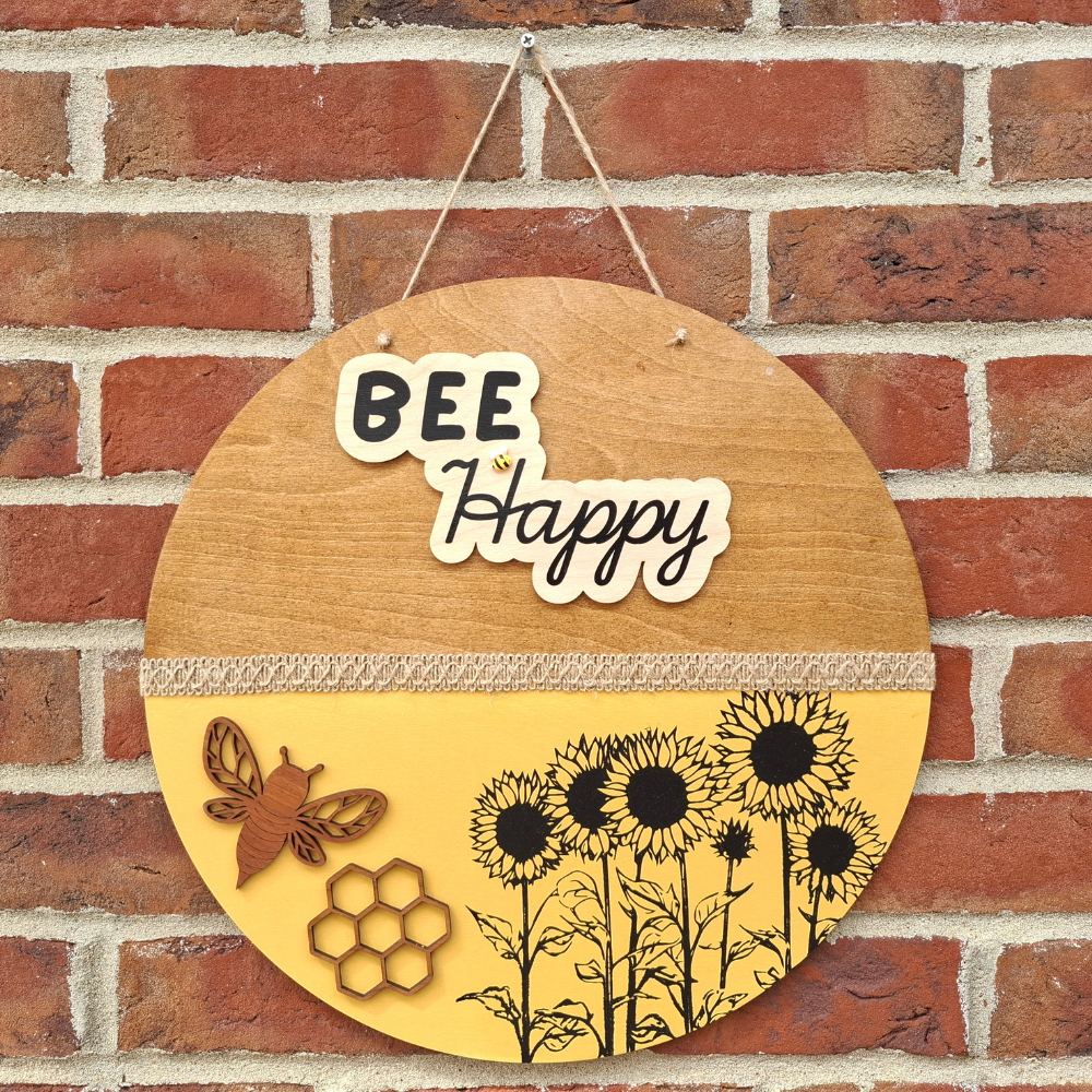 Bee Happy Large Round Wooden Sign — Outdoor Hanging Plaque