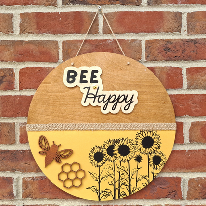 Bee Happy Large Round Wooden Sign — Outdoor Hanging Plaque