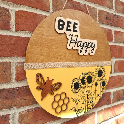 Bee Happy Large Round Wooden Sign — Outdoor Hanging Plaque