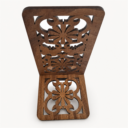 Butterflies & Flowers Phone Stand — Walnut Ornate Wooden Gift