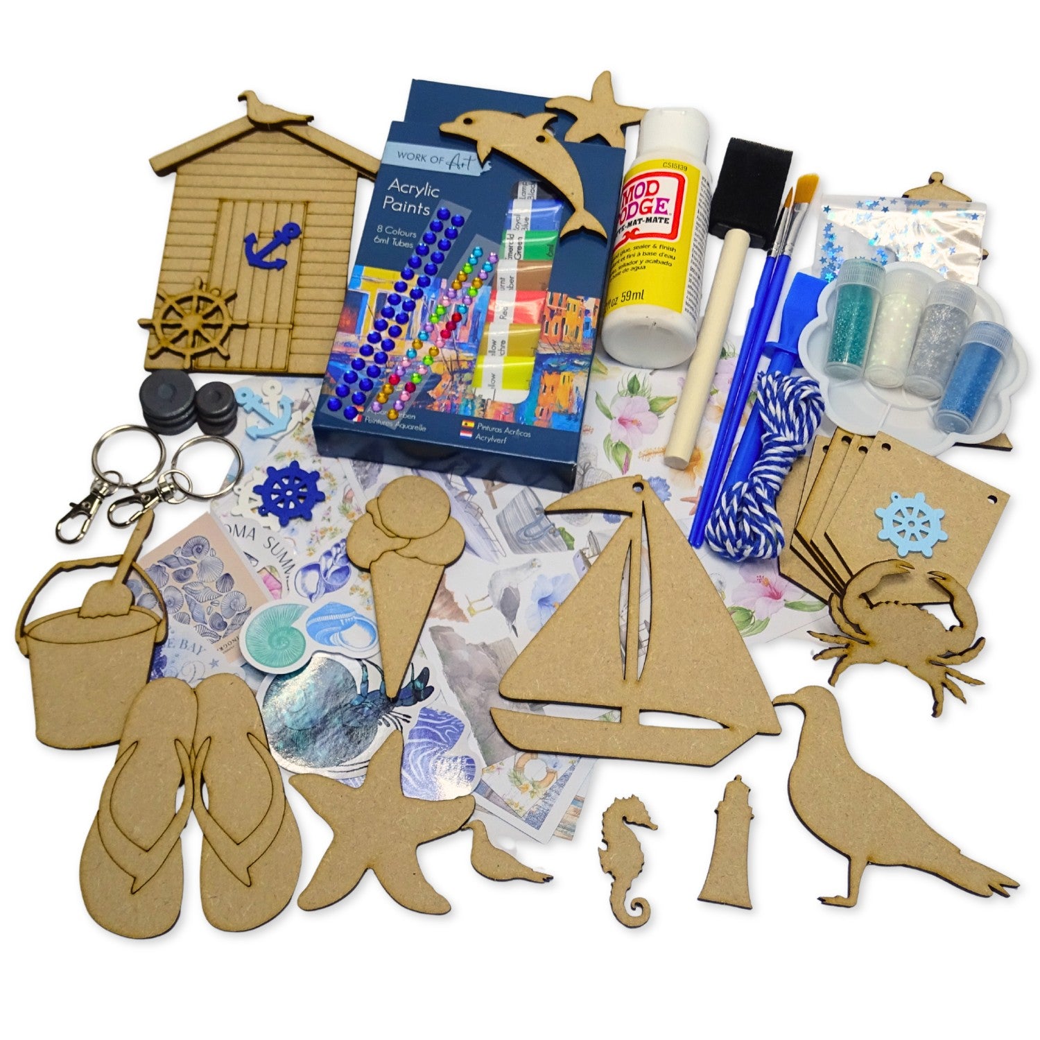 Collection of craft supplies including wooden shapes, paint, brushes, and other materials on a white background.