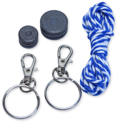 Keychain components including key rings, clips, and a blue and white twine on a white background