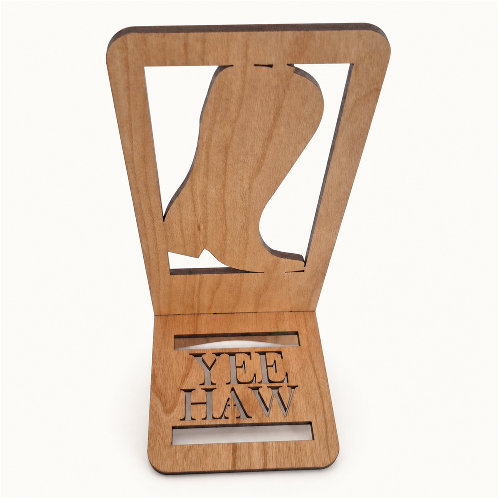 Cowboy Boot 'Yee Haw' Phone Stand — Laser Cut Wooden Western Gift