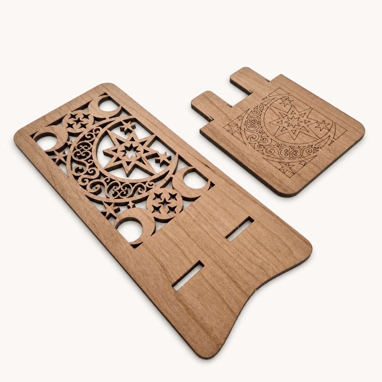 Moon and Star Filigree Phone Stand — Laser Cut Wooden Gift for Stargazers