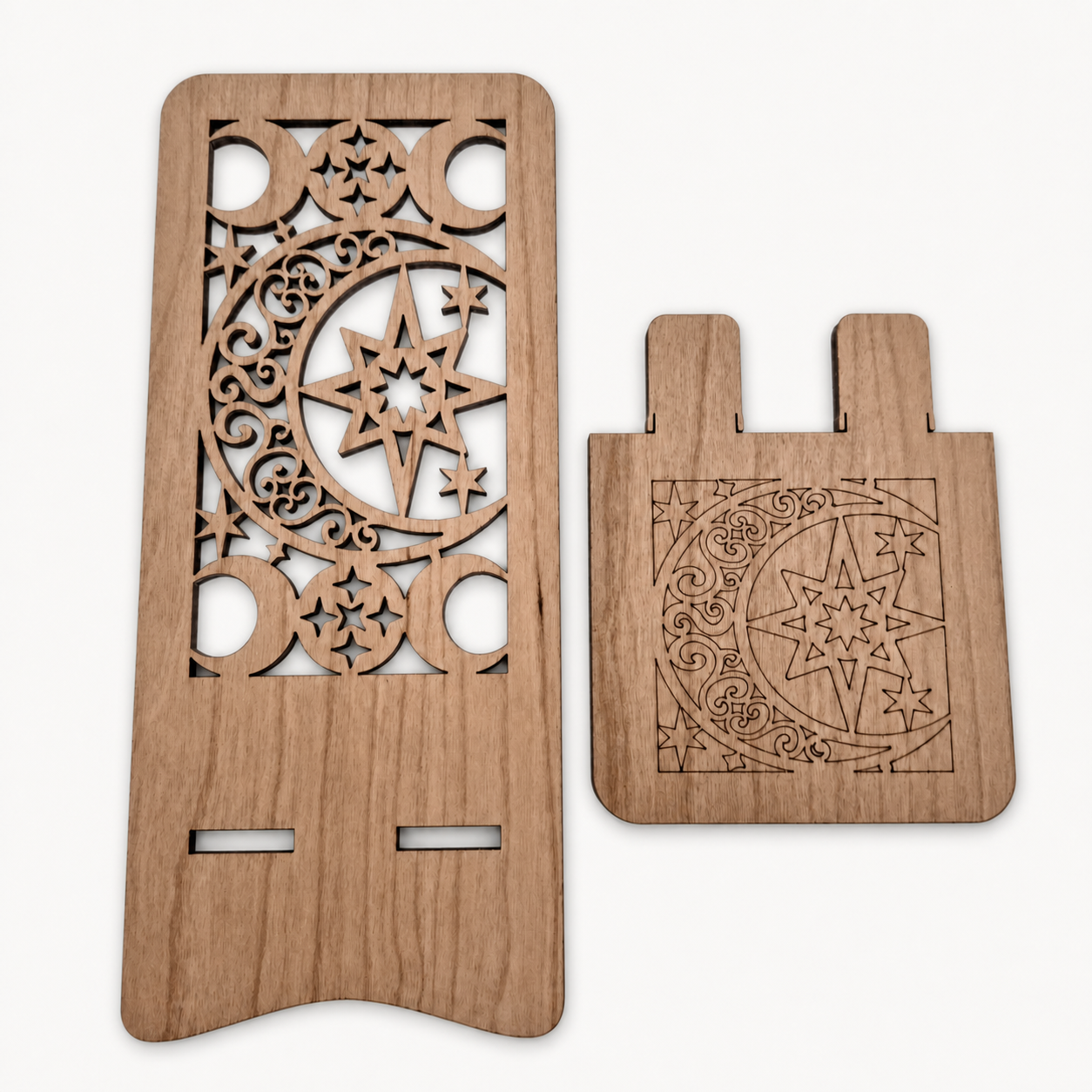 Moon and Star Filigree Phone Stand — Laser Cut Wooden Gift for Stargazers