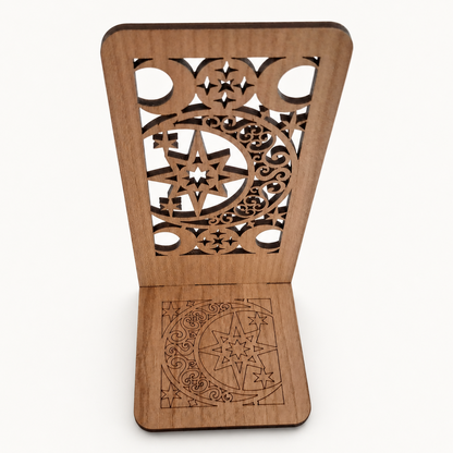 Moon and Star Filigree Phone Stand — Laser Cut Wooden Gift for Stargazers