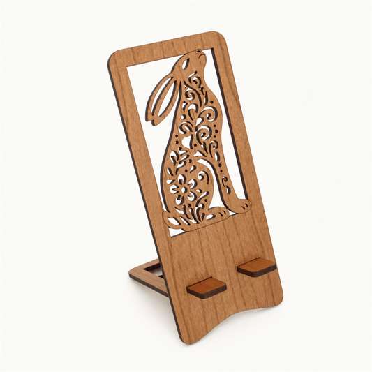 Moon Gazing Hare Phone Stand — Laser Cut Wooden Gift for Nature Lovers