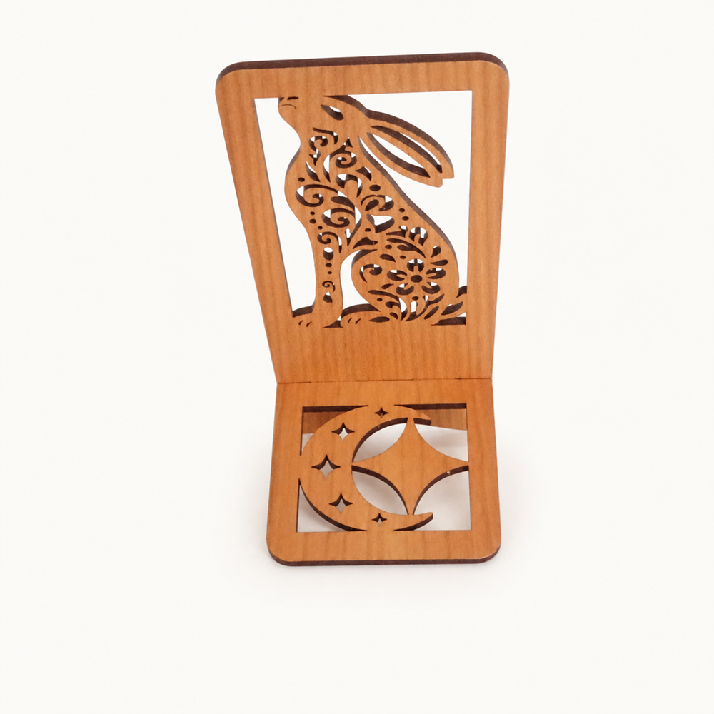 Moon Gazing Hare Phone Stand — Laser Cut Wooden Gift for Nature Lovers