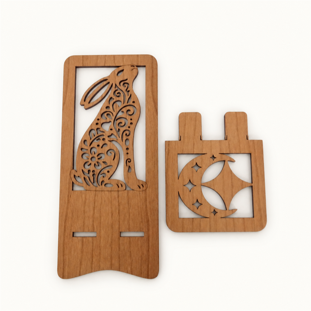 Moon Gazing Hare Phone Stand — Laser Cut Wooden Gift for Nature Lovers