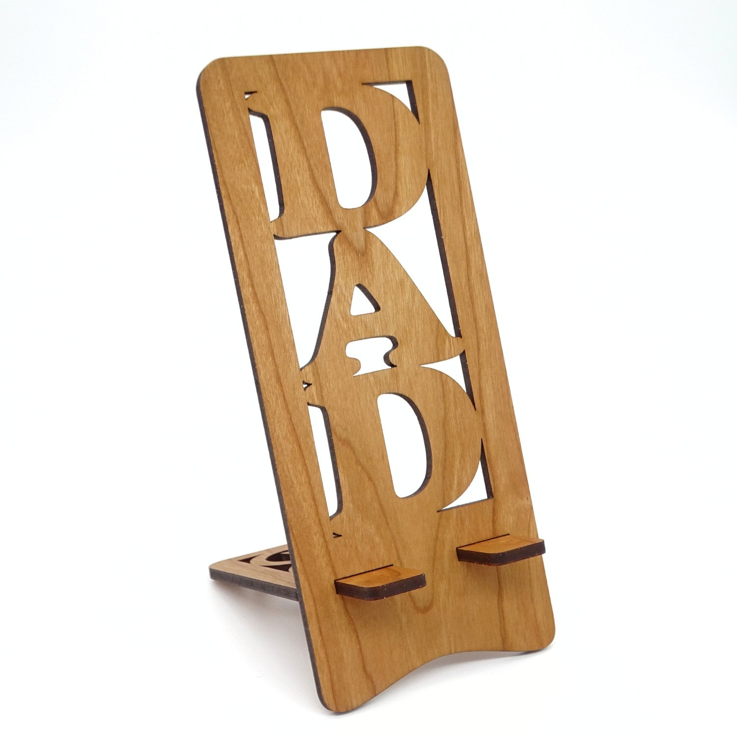 Wooden stand with 'DAD' cutout on a white background