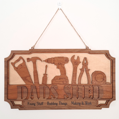 Dad's Shed Layered Wooden Sign — Tools Wall Sign for Dad