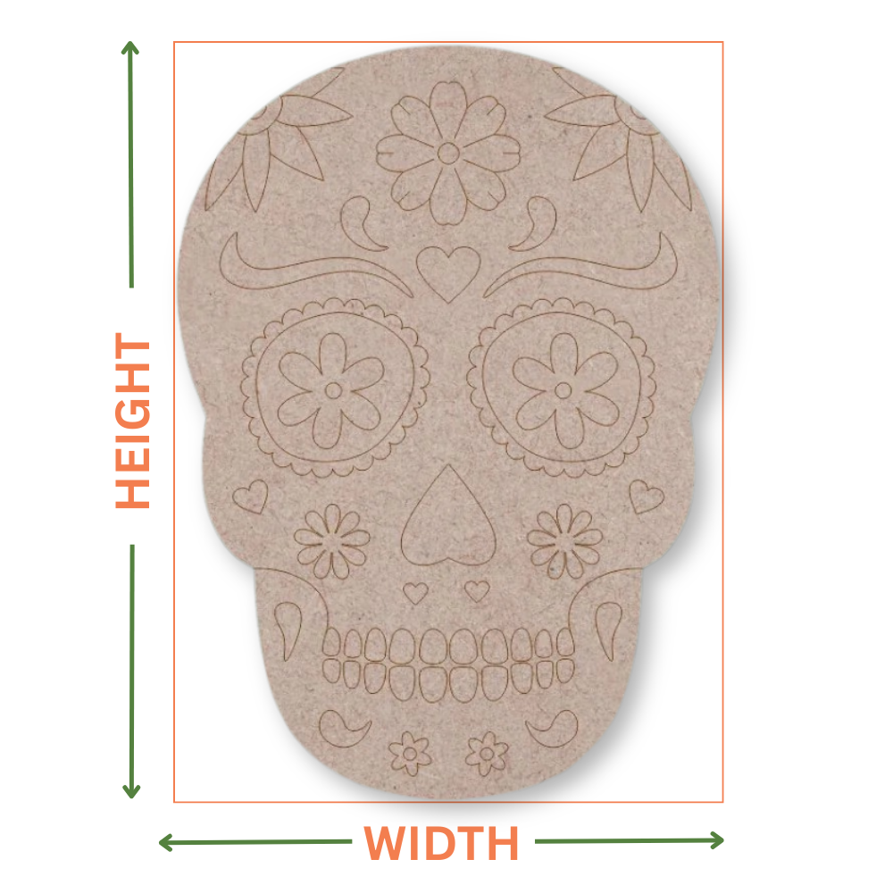 Skull shape with a day of the dead style designon a white background with arrows showing where the height and width measurements are taken from
