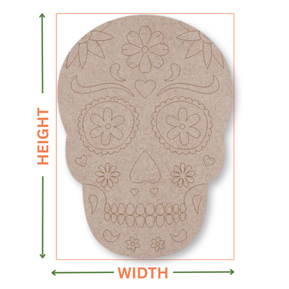Skull shape with a day of the dead style designon a white background with arrows showing where the height and width measurements are taken from