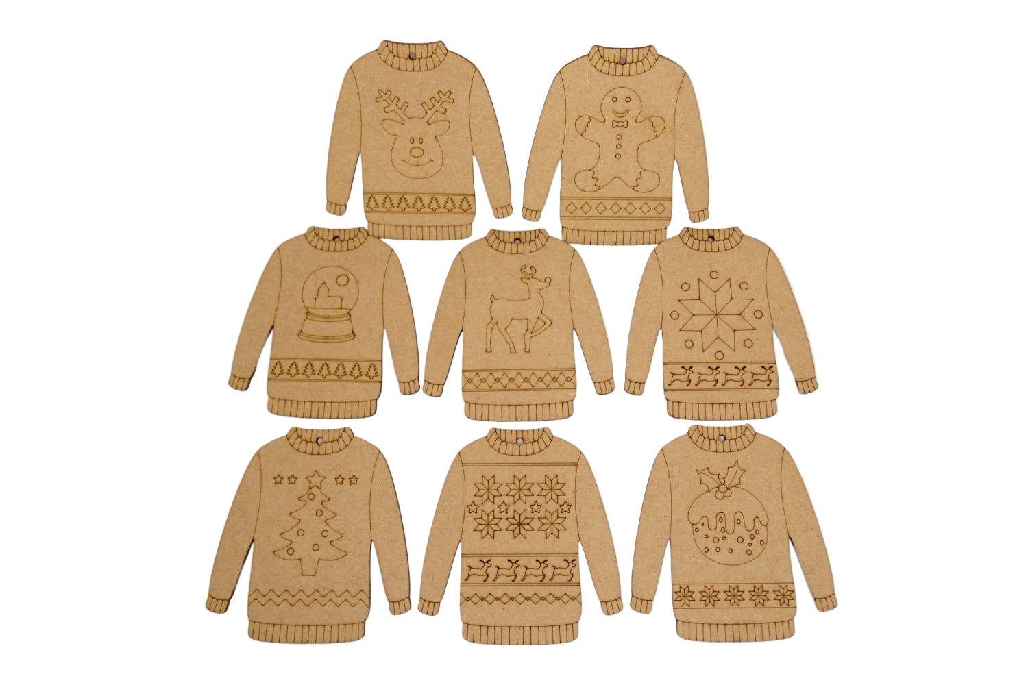 Set of 8 different etched mdf Christmas jumper designs