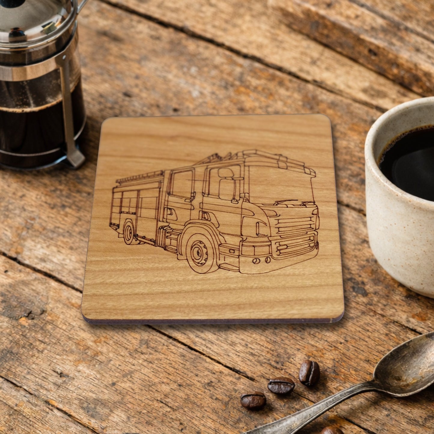 Wooden Fire Engine Coaster | Cherry Wood & Cork Backed
