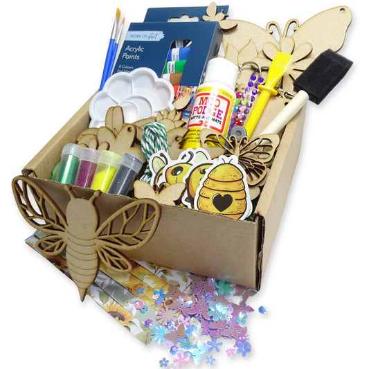 Flowers, Bees and Butterflies Craft Box. MDF Shapes, paints, stickers and more.