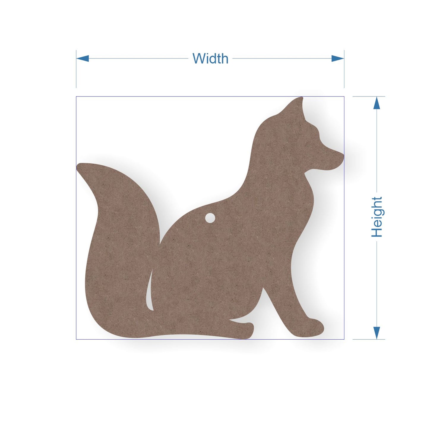 Silhouette of a fox with dimensions labeled on a white background