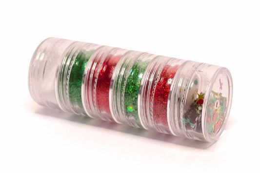 Tube of 6 different glitters. Red green white and multi coloured.