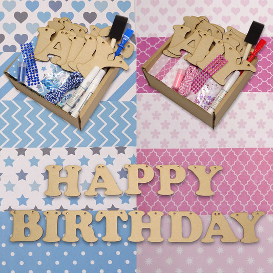 Crafting kit with tools and supplies on a patterned background, featuring 'Happy Birthday' letters.