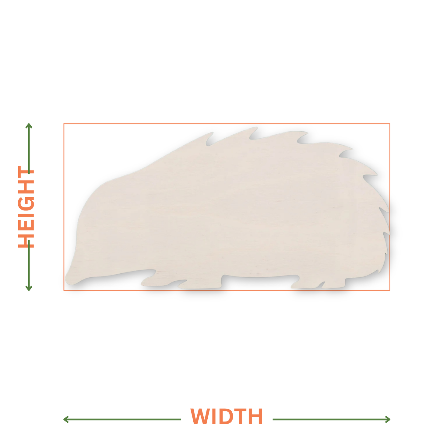 Hedgehog shape on a white background with arrows showing where the dimensions are taken from