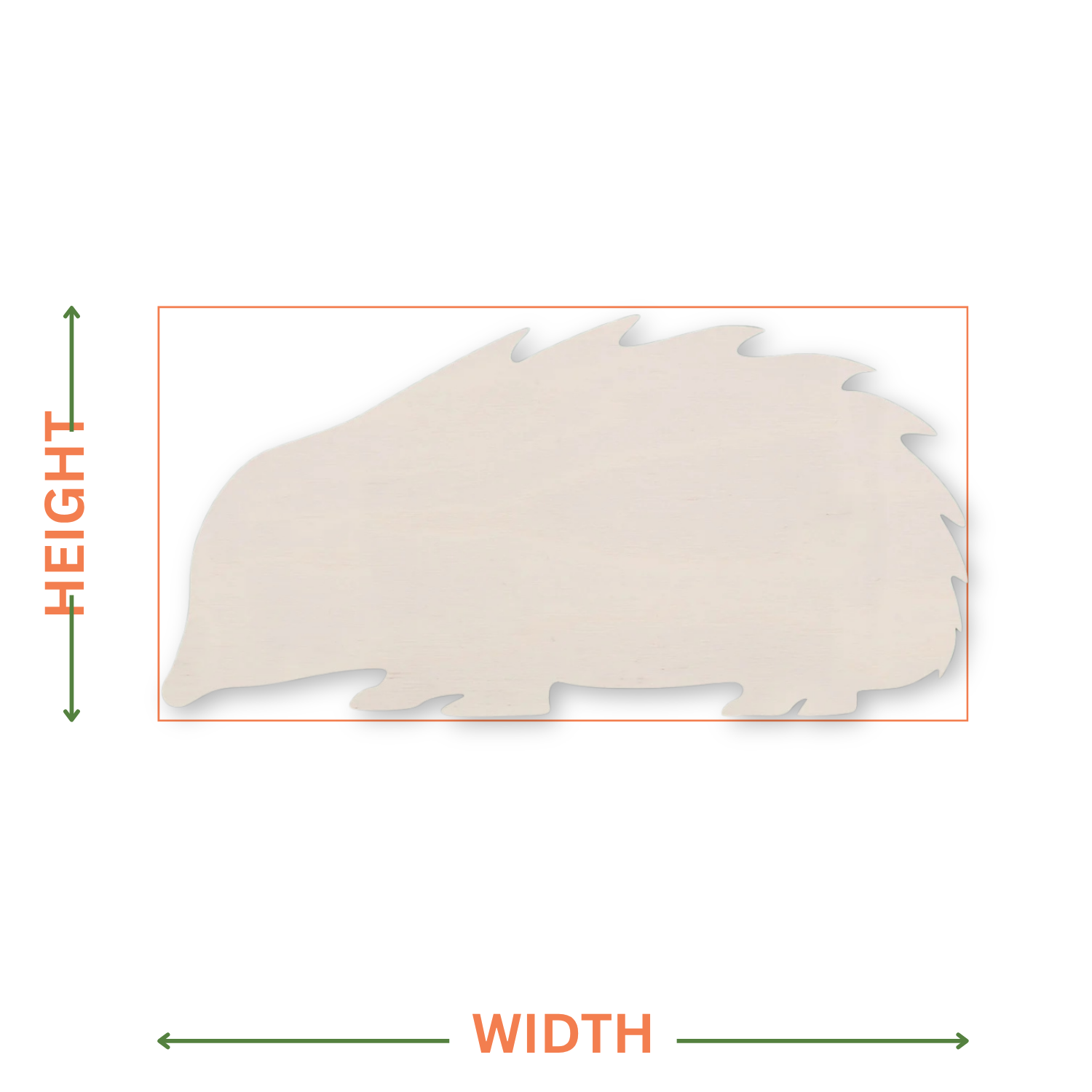 Hedgehog shape on a white background with arrows showing where the dimensions are taken from